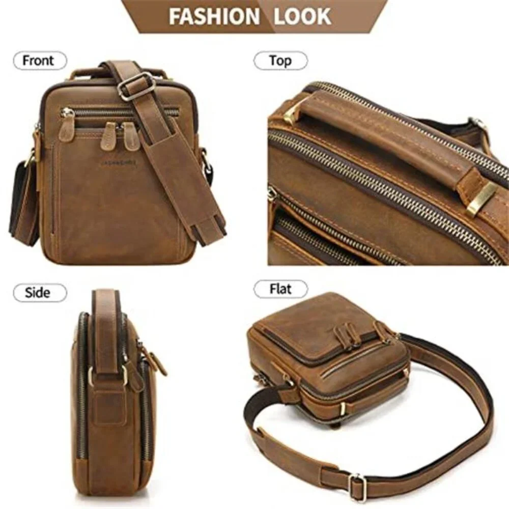 Genuine Cowhide Leather Messenger Crossbody Bag Multi Pocket Travel Work EDC
